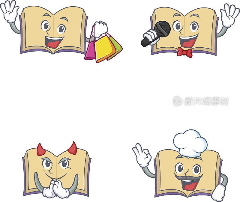 Set of open book character with shopping karaoke devil chef vector插图